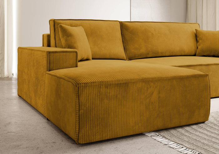 NADUVI Collection Galine Hoekbank met Chaise Longue Links met Slaapfunctie - Ribstof - Mosterdgeel