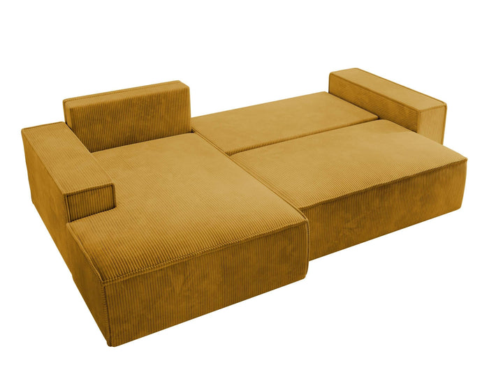 NADUVI Collection Galine Hoekbank met Chaise Longue Links met Slaapfunctie - Ribstof - Mosterdgeel