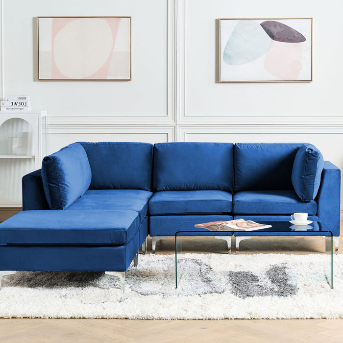 Beliani-EVJA-Hoekbank met ottomaan 4-zits-Marineblauw-Rechts-Fluweel