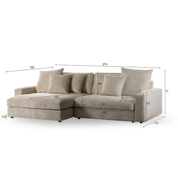 Vurna Sydney 3-zits hoekbank links|rechts ribstof - naturel