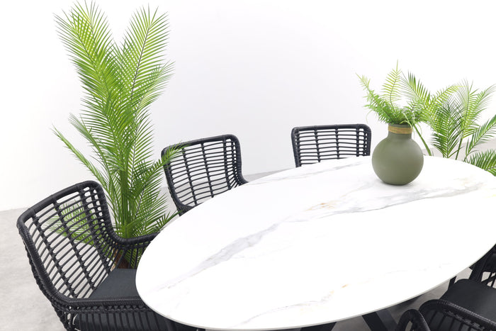 GI Ovale tuinset Scotland marmerlook wit|Jasmine stoel black–7 delig