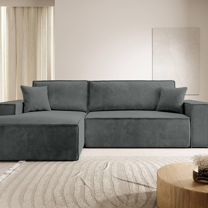 NADUVI Collection Galine Hoekbank met Hoekbank met Chaise Longue Links met Slaapfunctie - Ribstof - Donkergrijs