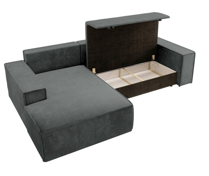 NADUVI Collection Galine Hoekbank met Hoekbank met Chaise Longue Links met Slaapfunctie - Ribstof - Donkergrijs