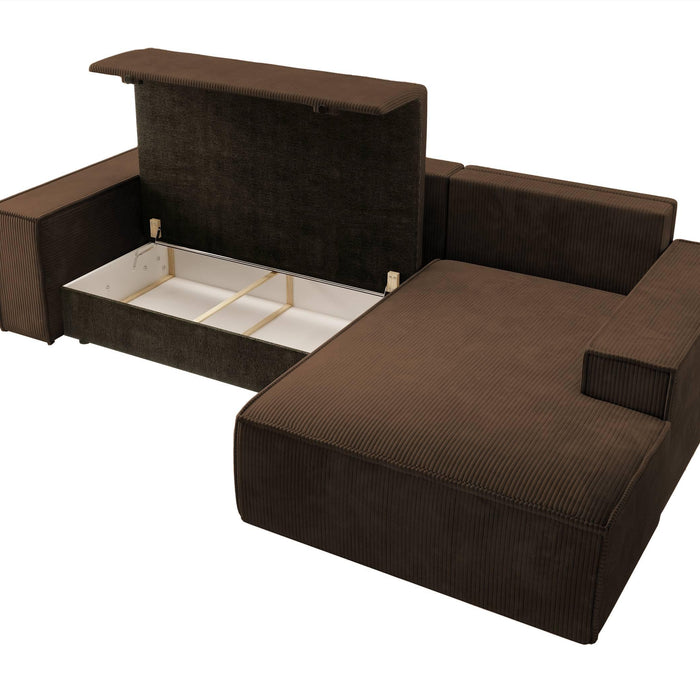 NADUVI Collection Galine Hoekbank met Chaise Longue Rechts met Slaapfunctie - Ribstof - Bruin