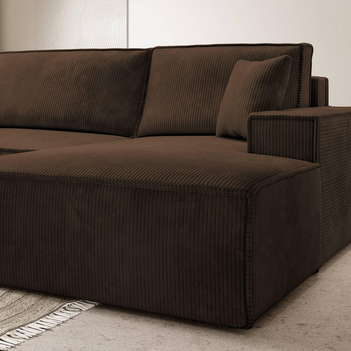 NADUVI Collection Galine Hoekbank met Chaise Longue Rechts met Slaapfunctie - Ribstof - Bruin