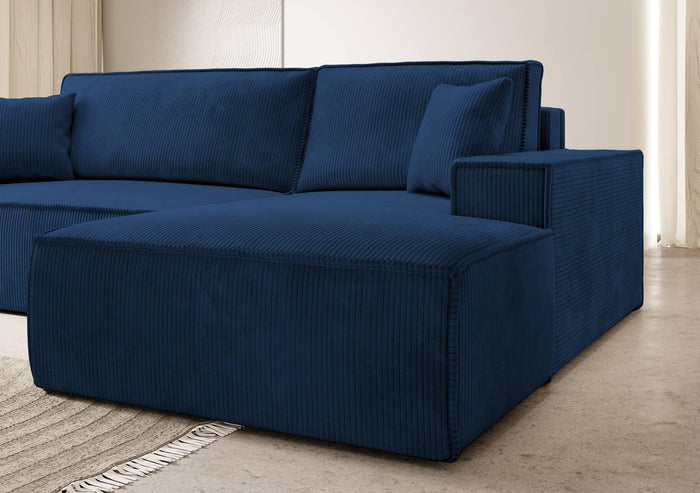 NADUVI Collection Galine Hoekbank met Chaise Longue Rechts met Slaapfunctie - Ribstof - Donkerblauw