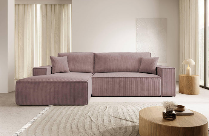 NADUVI Collection Galine Hoekbank met Chaise Longue Links met Slaapfunctie - Ribstof - Roze