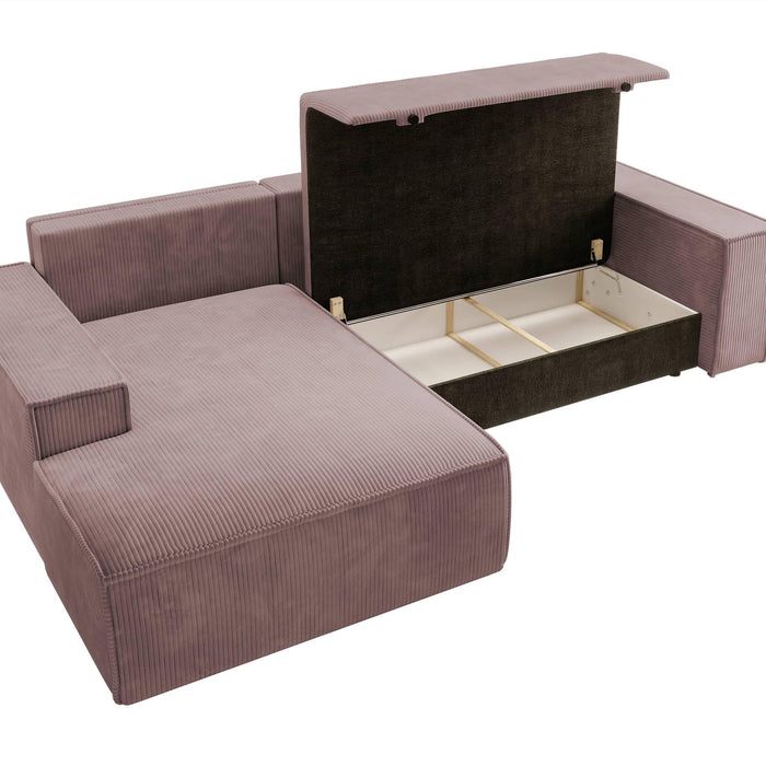 NADUVI Collection Galine Hoekbank met Chaise Longue Links met Slaapfunctie - Ribstof - Roze