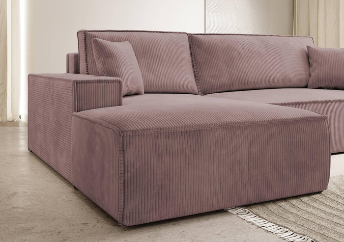 NADUVI Collection Galine Hoekbank met Chaise Longue Links met Slaapfunctie - Ribstof - Roze