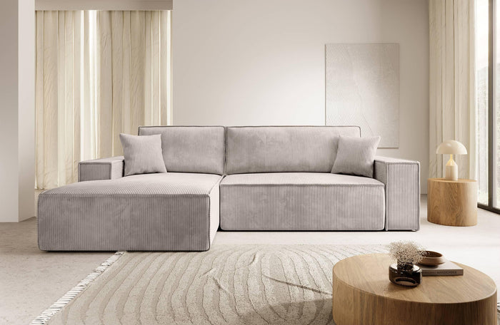 NADUVI Collection Galine Hoekbank met Chaise Longue Links met Slaapfunctie - Ribstof - Crème