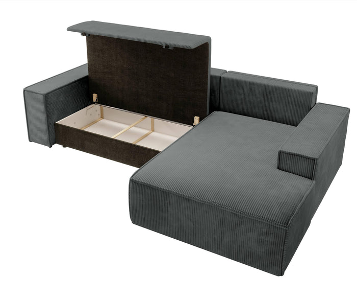 NADUVI Collection Galine Hoekbank met Chaise Longue Rechts met Slaapfunctie - Ribstof - Donkergrijs