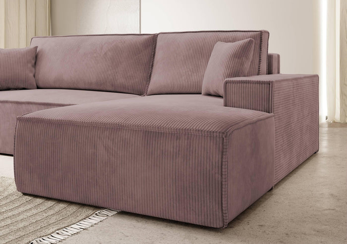 NADUVI Collection Galine Hoekbank met Chaise Longue Rechts met Slaapfunctie - Ribstof - Roze