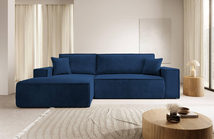 NADUVI Collection Galine Hoekbank met Chaise Longue Links met Slaapfunctie - Ribstof - Donkerblauw