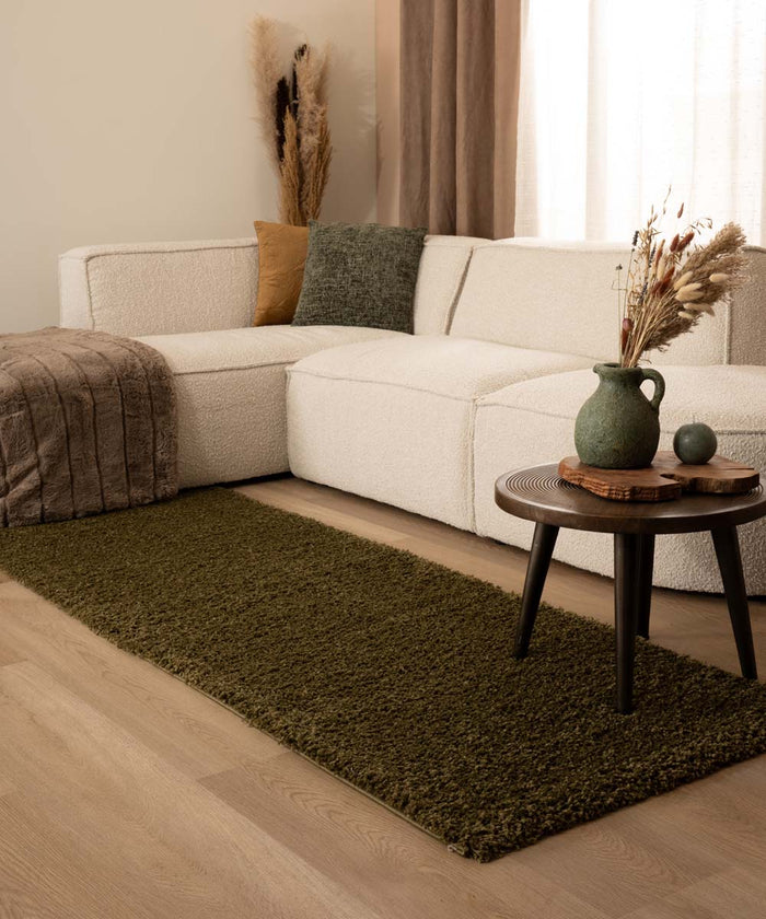 Tapeso Hoogpolige loper shaggy Trend effen - olijfgroen - 80x250 cm