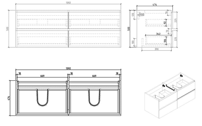 Badplaats Wastafelkast Angela 140 x 48 cm - Eiken