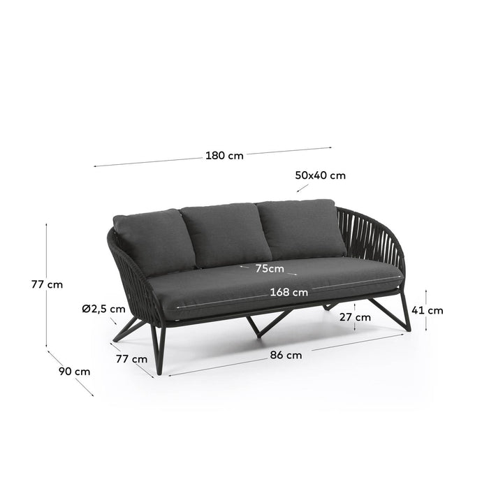 Kave Home - Branzie 3-zitsbank in zwart touw 180 cm