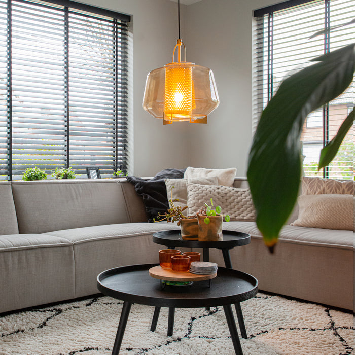 QAZQA Art deco hanglamp goud met amber glas 30 cm - Kevin