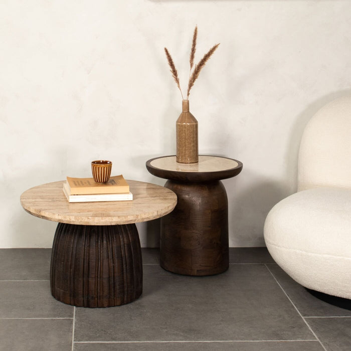 Giga Meubel - Salontafel Ø60cm Travertin - Bruin Houten Onderstel