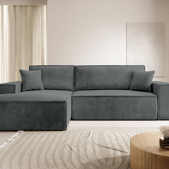 NADUVI Collection Galine Hoekbank met Hoekbank met Chaise Longue Links met Slaapfunctie - Ribstof - Donkergrijs