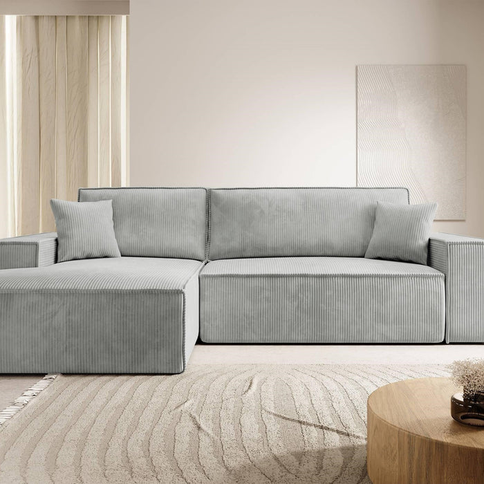 NADUVI Collection Galine Hoekbank met Chaise Longue Links met Slaapfunctie - Ribstof - Lichtgrijs