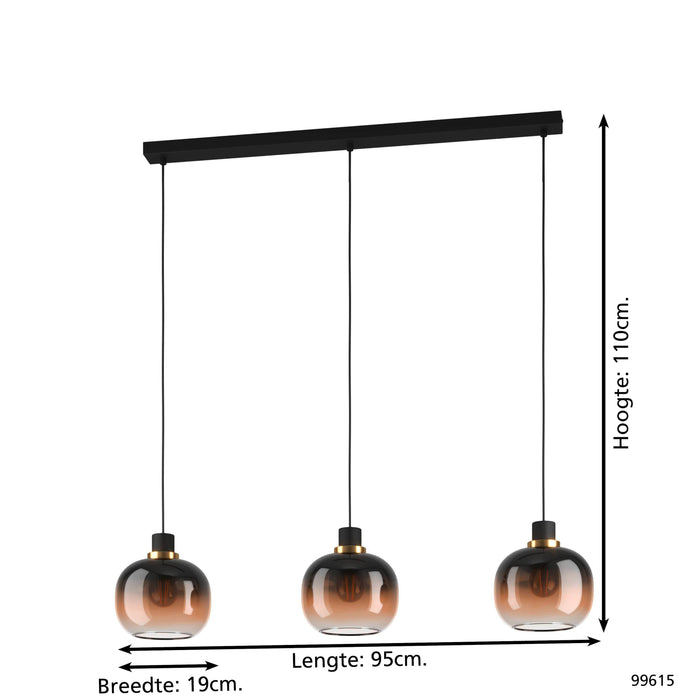 EGLO Oilella Hanglamp - E27 - 95 cm - Amber glas - Zwart