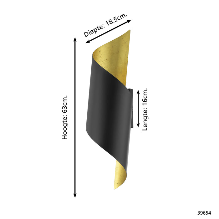 EGLO Jabaloyas Wandlamp - 1 lichts - E27 - 63cm - Zwart, Goud