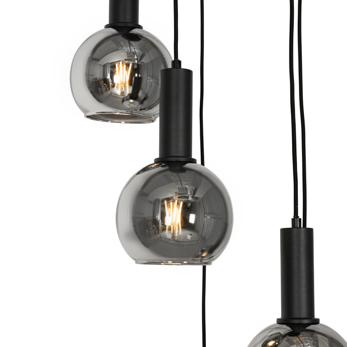 QAZQA Art Deco hanglamp zwart met smoke glas rond 5-lichts - Josje