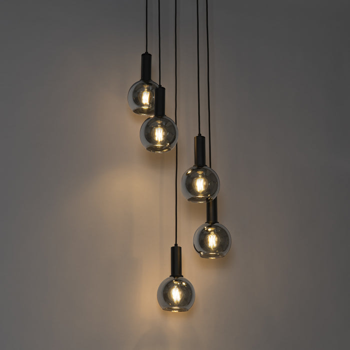QAZQA Art Deco hanglamp zwart met smoke glas rond 5-lichts - Josje