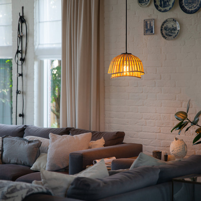 QAZQA Oosterse hanglamp zwart met naturel bamboe 30 cm - Pua