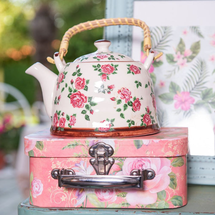 Clayre & Eef Theepot met Filter 700 ml Beige Roze Keramiek Bloemen