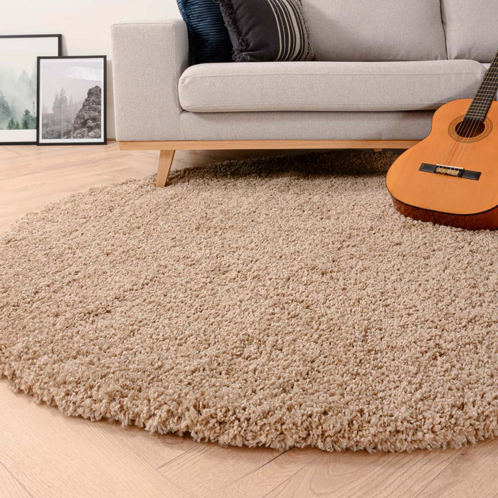 Tapeso Rond hoogpolig vloerkleed shaggy Grand effen - beige - 160 cm
