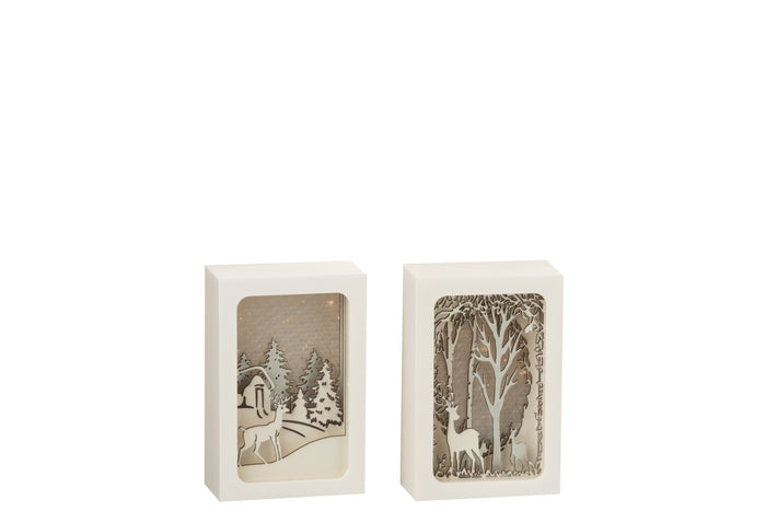 J-Line decoratie kerstdorpje - kader 3D winter - pvc|glas - zilver - 2 stuks - LED lichtjes