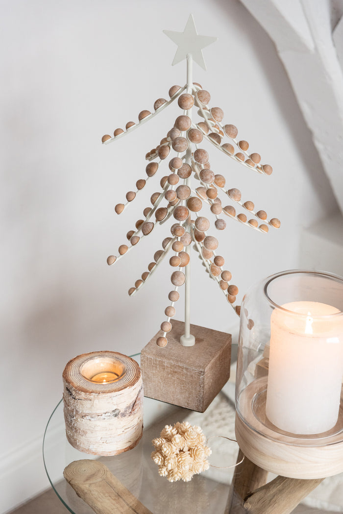 J-Line decoratie boompje op voet - hout|metaal - wit|naturel