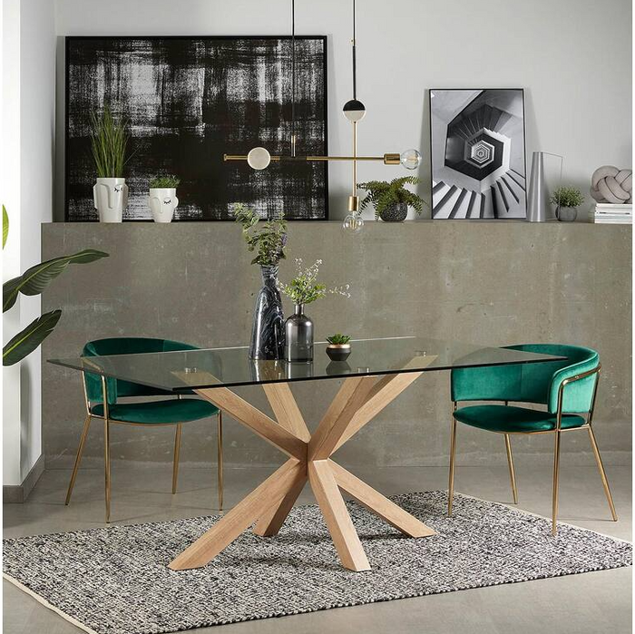 Kave Home Argo Eettafel - 200 x 100 cm - Glas / Eiken