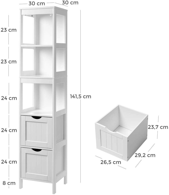 Hoge badkamerkast - 2 lades en 3 vakken - 30x141.5x30 cm - wit