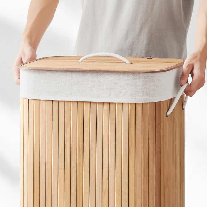Wasmand met deksel - katoenen zak - 72 liter - 40x60x30 cm - bamboe