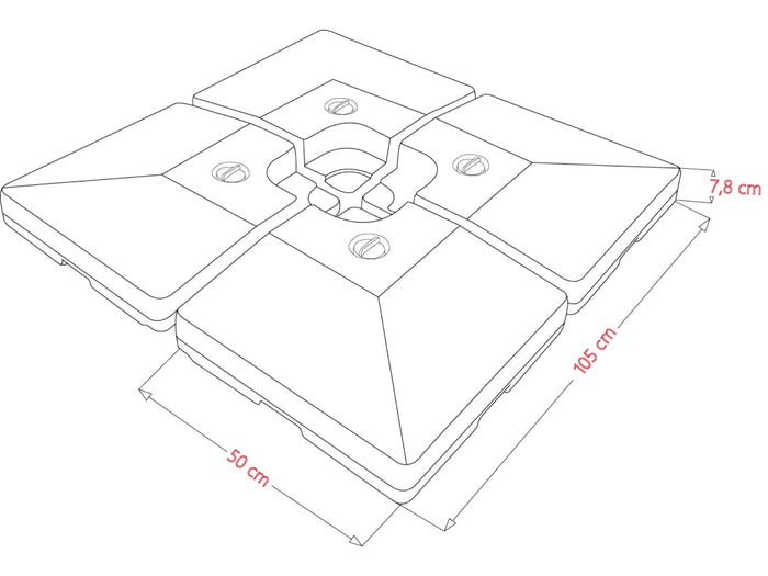Set van 4 Parasol Tegels (104 kg) met Water te Vullen - Basis voor Parasolvoet - Vierdelig Plastic Onderstel voor Parasollen met Kruisvoet - Zwart