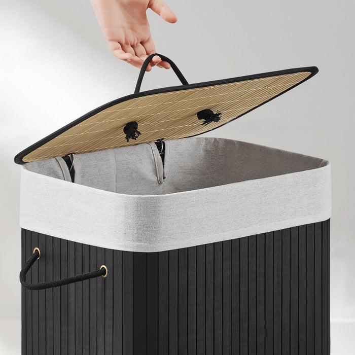 Bamboe Wasmand met Deksel, Katoenen Zak en Handvaten, 72L, Zwart