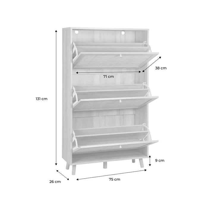sweeek - Schoenenkast, 3 rieten lades, B 75 x D 26 x H 131cm