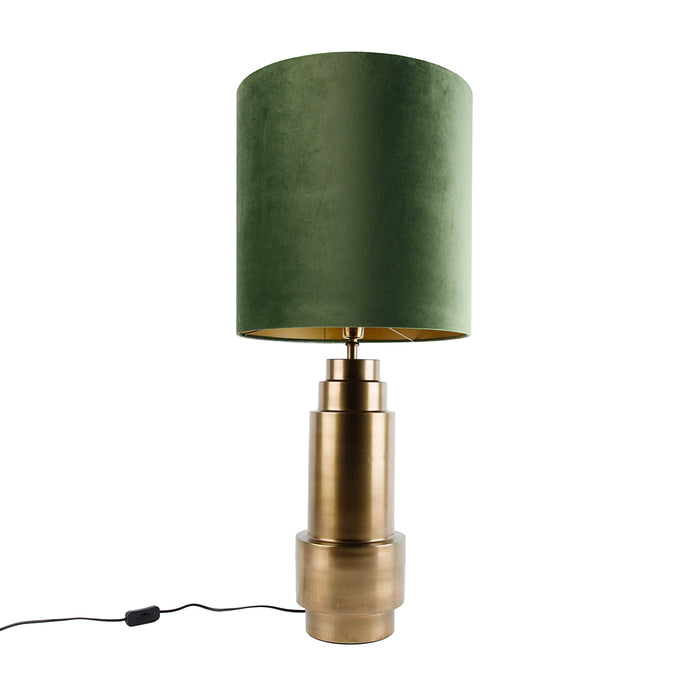 QAZQA Tafellamp brons velours kap groen met goud 40 cm - Bruut
