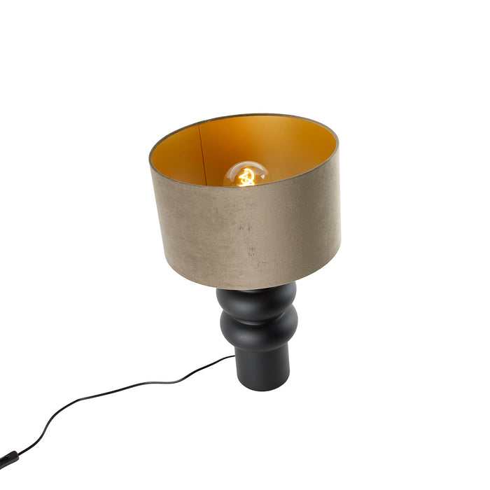 QAZQA Design tafellamp zwart 17 cm velours kap taupe met goud 35 cm -