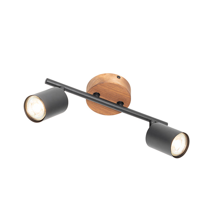 QAZQA Industriële spot zwart met hout kantelbaar 2-lichts - Jeana