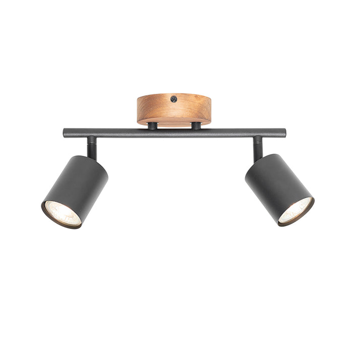 QAZQA Industriële spot zwart met hout kantelbaar 2-lichts - Jeana