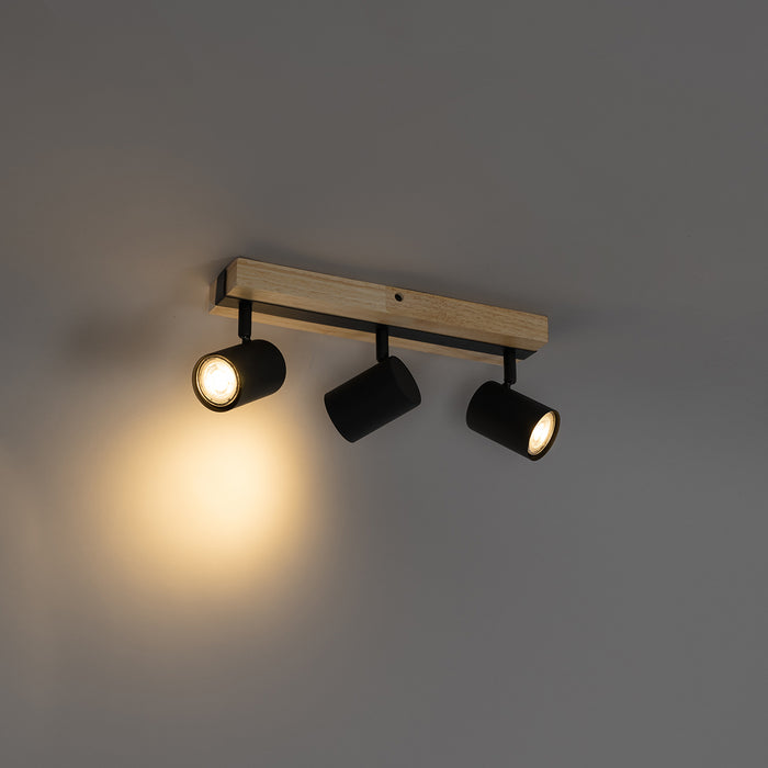 QAZQA Plafondlamp zwart met hout 3-lichts verstelbaar rechthoekig -