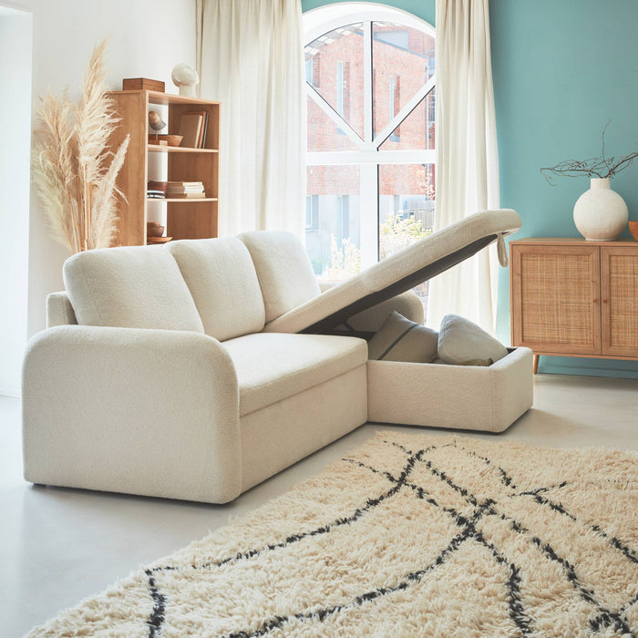 sweeek - 3-zits slaapbank met witte bouclé, afgeronde lijnen