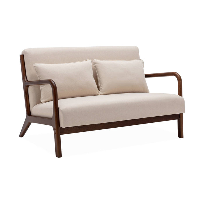 sweeek - 2-zitsbank + beige stoffen fauteuil, licht walnoot gebeitst