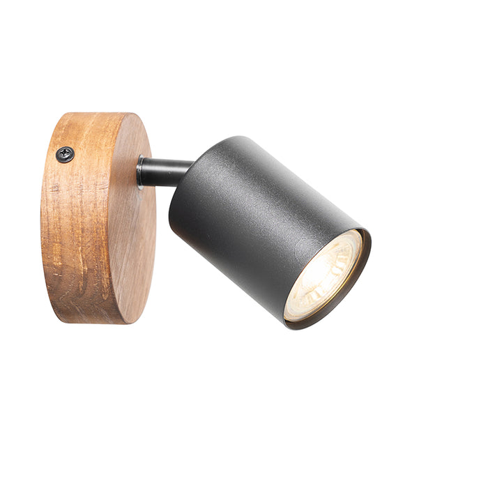 QAZQA Industriële spot zwart met hout kantelbaar - Jeana