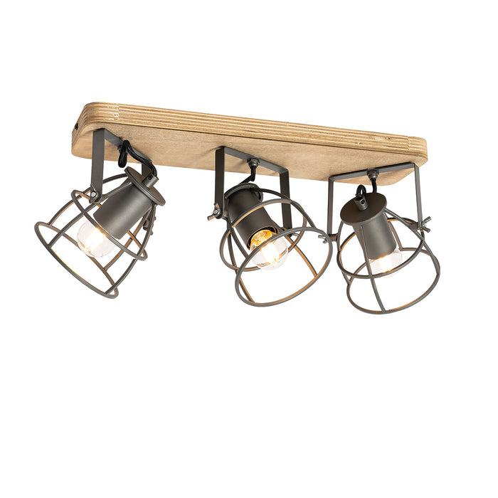 QAZQA Industriële spot donkergrijs met hout verstelbaar 3-lichts -