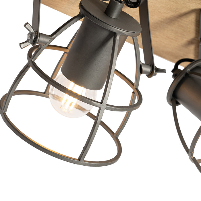 QAZQA Industriële spot donkergrijs met hout verstelbaar 3-lichts -