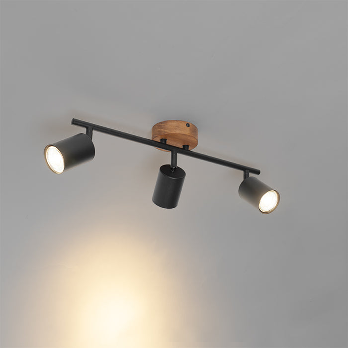QAZQA Industriële spot zwart met hout kantelbaar 3-lichts - Jeana